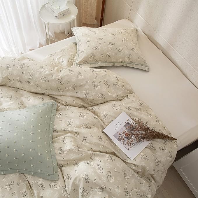 VM VOUGEMARKET Garden Flower Duvet Cover Set Queen Cotton Aesthetic Bedding Set Reversible Duvet Cover with 2 Pillow Shams,Blooming Comforter Cover for Girls