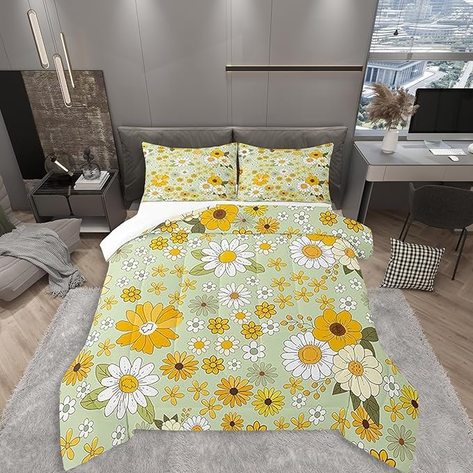 Vintage Floral Comforter Set Twin Size,Boho Spring Fresh Flowers Bedding Comforters Bedroom Decor,Trippy Hippie Groovy Botanical Microfiber Duvet Set for Kids Teens,2 Pcs