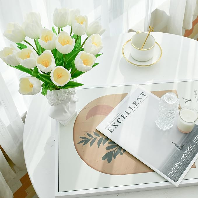Mandy's Artificial Tulips 12 Stems White Partially Open PU Faux Flowers for Thanksgiving and Christmas Decorations Wedding Home Decor 13.5 Inch
