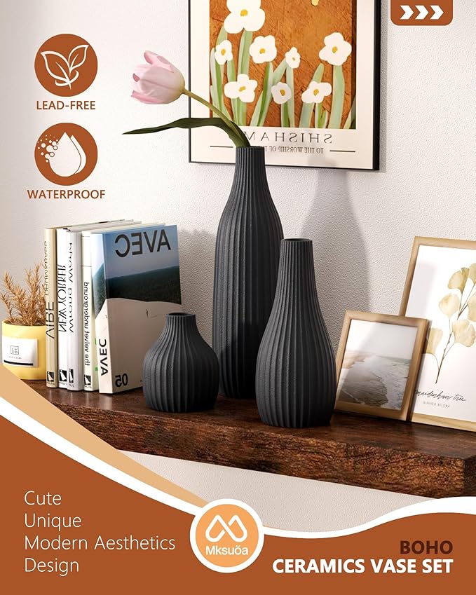 Decorative Flower Vase Set of 3 - Modern Boho Style Black Vases, Ribbed Textures Ceramic Vase for Home Decor Shelf Bookshelf Mantle TV Stand Entryway Console, Dining Table Centerpiece Decor