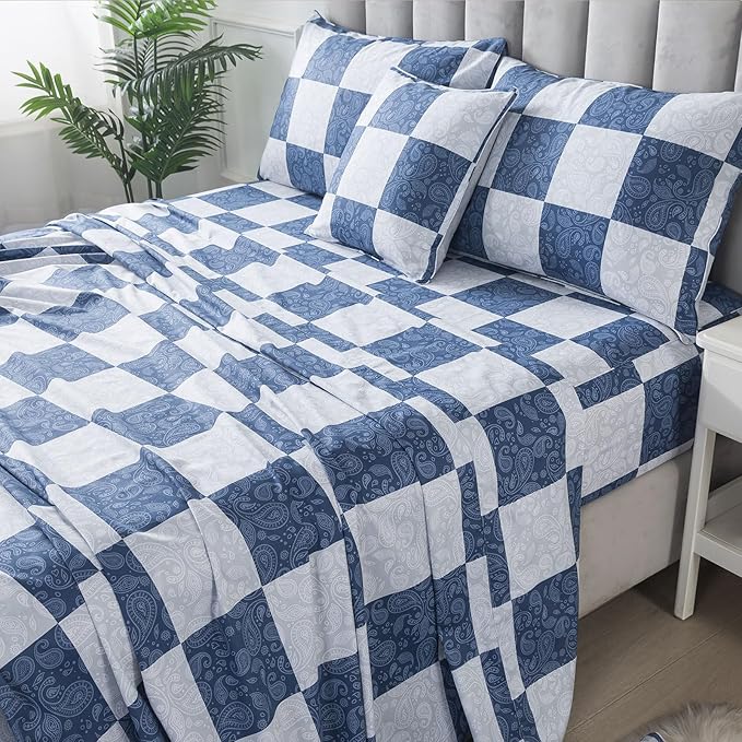 FADFAY Paisley Queen Size Plaid Navy Blue Sheets 100% Cotton Geometric Checker Bedding Teens Grid Grey Gingham Pattern College Bedding Deep Pocket Sheets with 2 Pillowcases Ultra Soft 4pcs, Queen