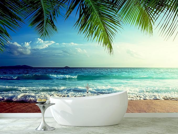 WFBHUA-Beach Wallpaper Mural Peel and Stick Tropical Sunset Ocean Waves Self Adhesive Wall Mural for Bathroom Bedroom 157“x108