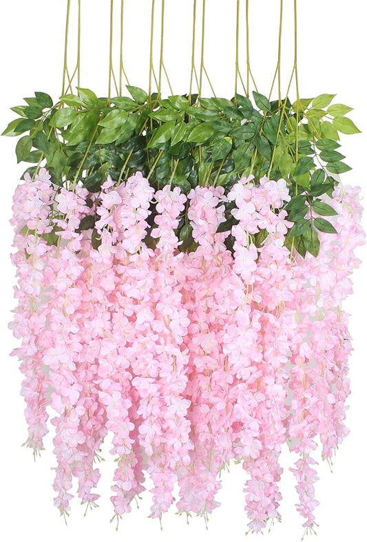Duovlo 12 Piece Artificial Silk Wisteria Vine 3.6 Feet Ratta Hanging Flower Garland String Home Party Wedding Decor (Light Pink)