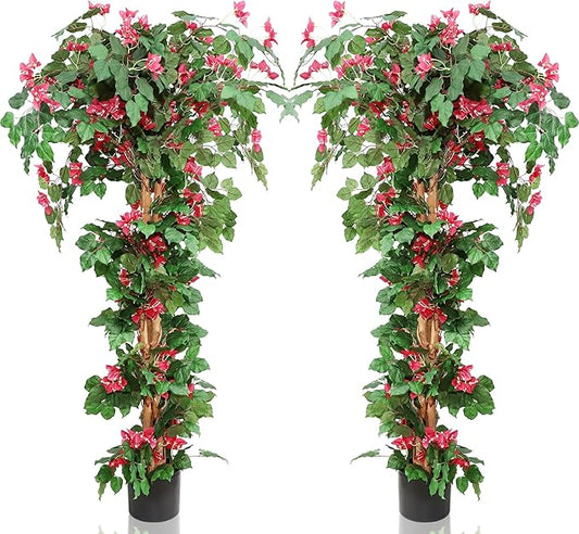 Damomo 5FT Artificial Bougainvillea Flowers Trees, Fake Bougainvillea Tall Tree with Black Plastic Potted, Outdoor Faux Blooming Plants for Indoor Front Porch Decor or Home Office, 2 PCS (59 inch)