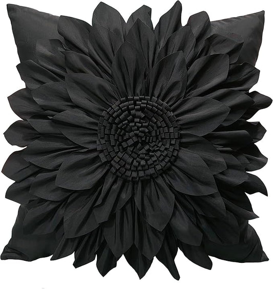 Bella's Giftshop Black Decorative Throw Pillow Covers 18x18 Inch for Bed Sofa Couch, Handmade 3D Accent Sunflower Floral Pillowcase, Living Room Decor
