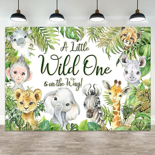 10x8ft Baby Shower Backdrop A Little Wild One is On The Way Photography Background Jungle Animals Tropical Green Leaf Newborn Birthday Party Banner Decorations Gender Reveal Photo Booth Prop