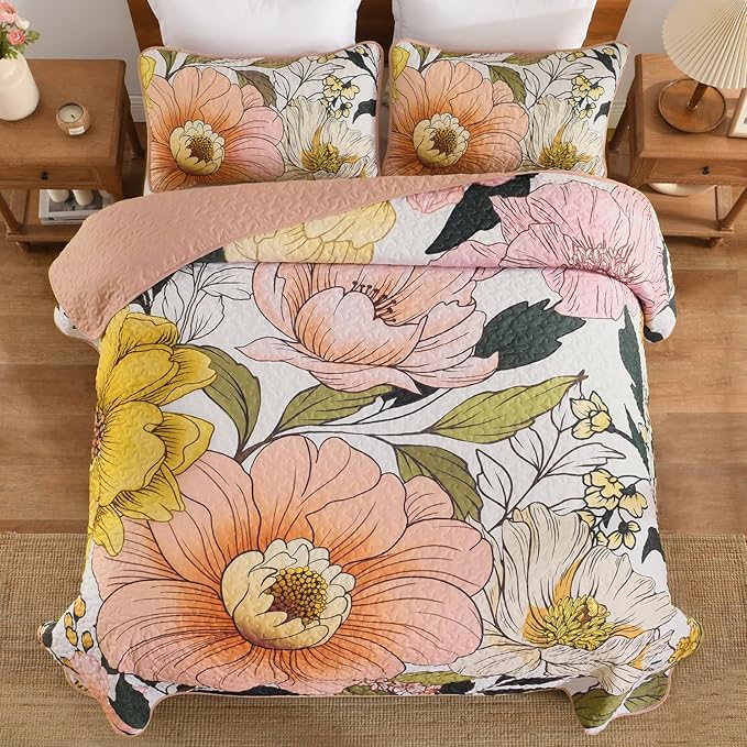 Dintszyayue Pink Quilt Set Queen,3 Pieces Floral Bedspreads Lightweight Coverlet Set for All Seasons, Reversible Quilted Printed Bedding Set with 2 Pillow Shams