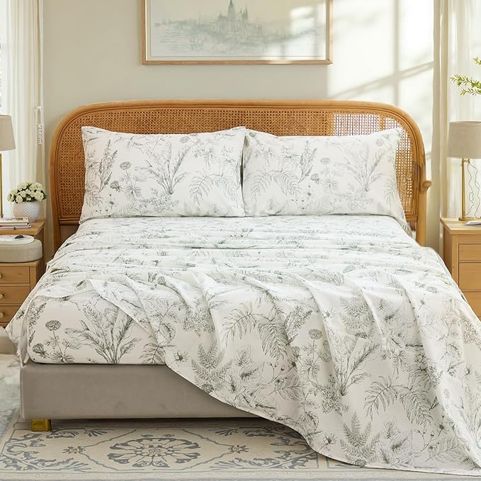 100% Cotton Sheet Set King Size – 4-Piece Chic Garden Floral Bedding Set, Soft Breathable Percale Weave, Deep Pocket Fitted Sheet 17.5", Crisp Cool Feel, Refined Botanical Elegance