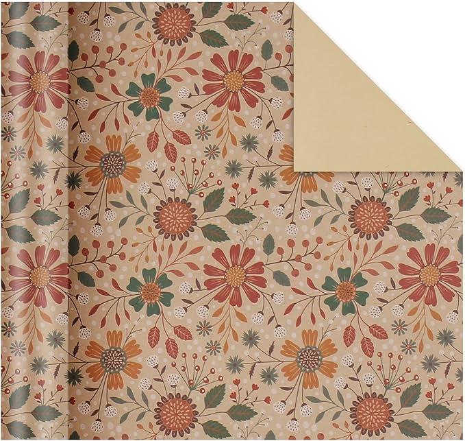 Aimyoo Kraft Floral Wrapping Paper Roll - Mini Roll - 17 Inch x 32.8 Feet - All Occasion Vintage Flower Gift Wrap Paper for Mother's Day Wedding Birthday Bridal Shower