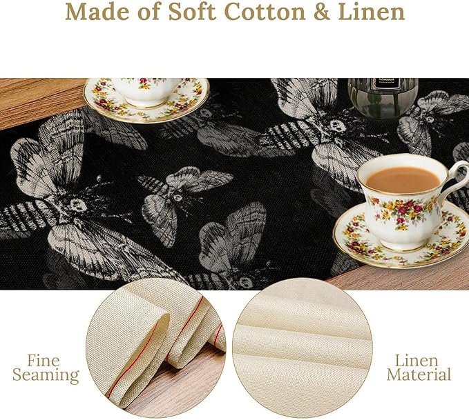 Gothic Moth Table Runner, Boho Gothic Mystical Witchy Skull Retro Farmhouse Coffee Table Center Decor for Home Kitchen Dining Patio Holiday Party Table Decorations 13x90 inches