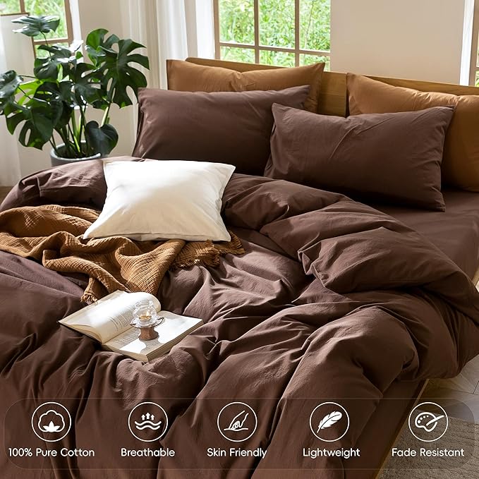 MooMee Bedding Duvet Cover Set 100% Washed Cotton Linen Like Textured Breathable Durable Soft Comfy (Solid Cocoa Brown, Full 80"x90")
