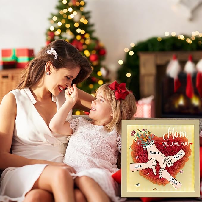 Personalized Mom Flower Shadow Box With LED Light Holding Hand Flower Shadow Box Light Up Frame With Kid's Name Mothers Day Gifts for MOM Grandma Family Birthday (Hand In Hand)