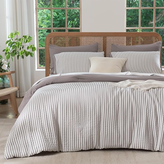 Duvet Cover King Set Striped Washed Microfiber Jacquard 3 Pieces Bedding Set, Grayish Purple Vertical Ticking Stripes Pattern Comforter Cover with Zipper Closure Breathable Durable Soft Comfy