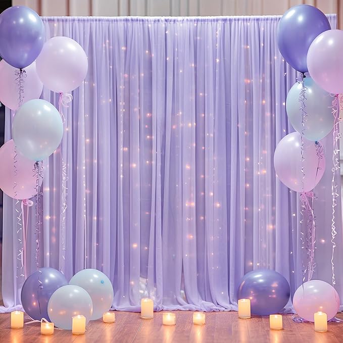 10x10ft Purple Tulle Backdrop Curtain with Lights String for Parites, Sheer Backdrop Curtains for Wedding Baby Shower Birthday Party Photo Shoot Decorations