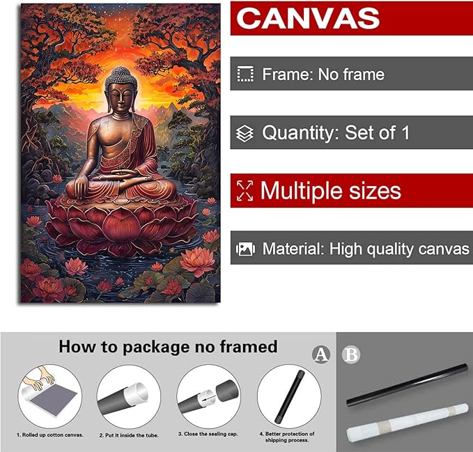 Golden Buddha on lotus seat serene meditation statue amidst lush trees flowing water and sunrise light spiritual home art for a tranquil decor 16x24in Frameless