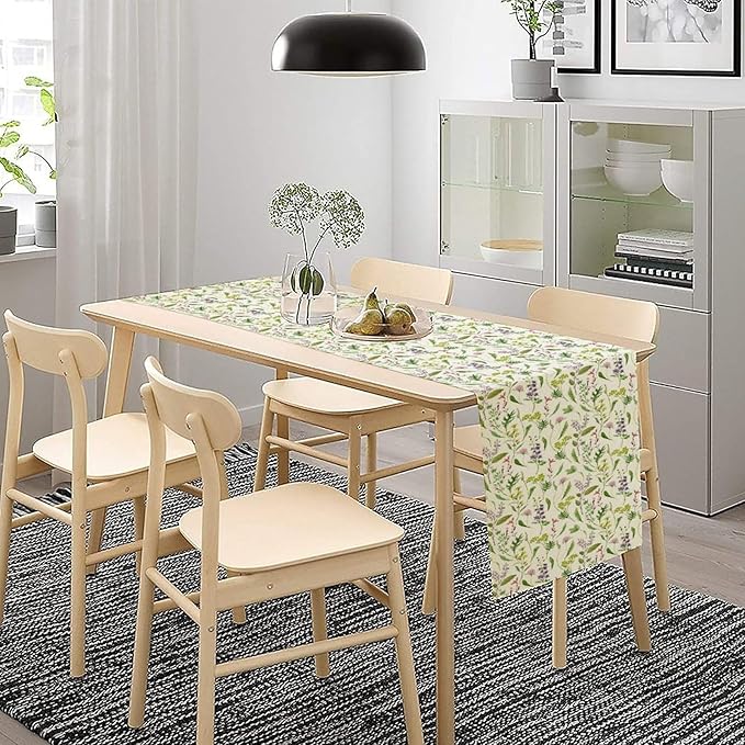 Wildflower Table Runner, Watercolor Green Botanical Flowers Vintage Bohemian Design Table Runner for Kitchen Dining Home Party Home Decor , 13x60 Inch