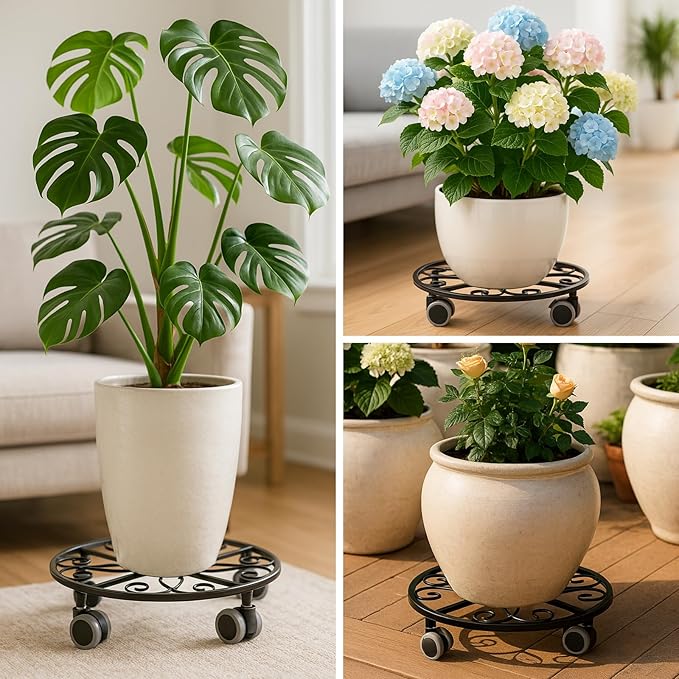 3 Pack Plant Caddy with Wheels Heavy Duty 13.5 Inches Metal Plant Stand with Wheels Plant Dolly Rolling Plant Stand Plant Roller with Casters for Indoor and Outdoor, Black