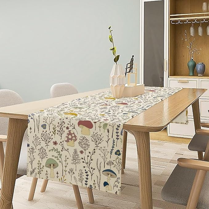 Mushroom Table Runner, Boho Floral Rustic Wildflower Herbs Plants Colorful Botanical Green Leaves Table Runner for Home Party Indoor Outdoor Decor Kitchen Dining Table, 13x120inch