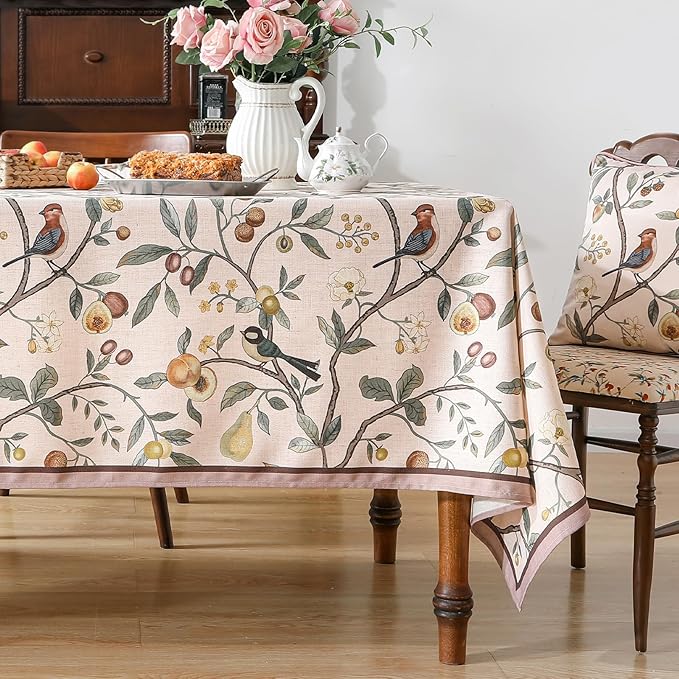 Linen Table Cloth Rectangle,Wrinkle Resistant French Pink Tablecloth Print with Froal,Decor Stitch Table Cloth for Thanksgiving,Dining Room,Home,Kitchen 55" × 71"-Dewey A