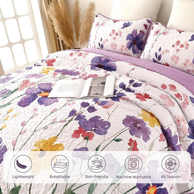 Anibedding Purple Quilt Set Queen, Floral Pattern Microfiber Bedspreads Queen Size 3 Pieces Lightweight Reversible Bedding Set with 2 Pillowcases(96"x90")
