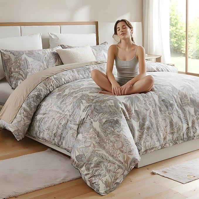 100% Cotton Duvet Cover Queen Size – Elegant Vintage Botanical Bedding Set with Zipper Closure, 3 Pieces Soft Breathable Neutral Floral Print Comforter Cover with 2 Pillowcases