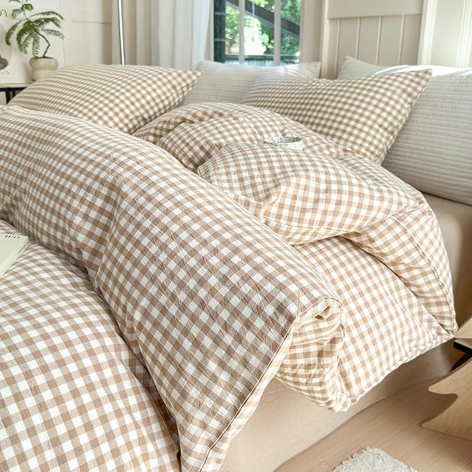 LifeTB Queen Comforter Set Tan Gingham Comforter Modern Style Beige Plaid Comforter Set 3 Pieces Fluffy Grid Checkered Comforter with 2 Pillowcases Boho Gingham Bedding Set Queen Size