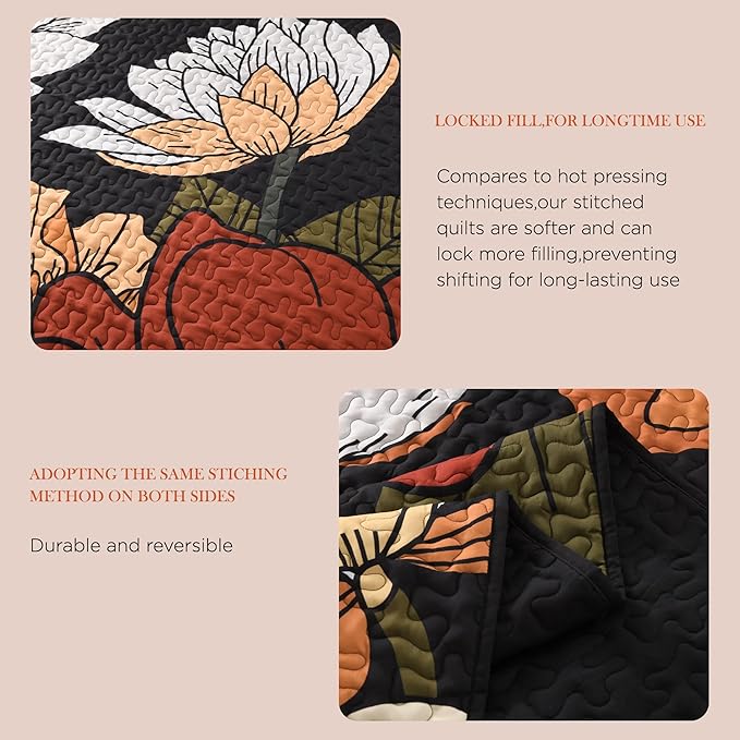 Andency Floral Boho Super King Quilt Bedding Set Black, 3 Pieces Farmhouse Flower Botanical Bedspreads with 2 Shams, Soft Reversible Lightweight Microfiber Coverlet Set for All Season, 120"x120"