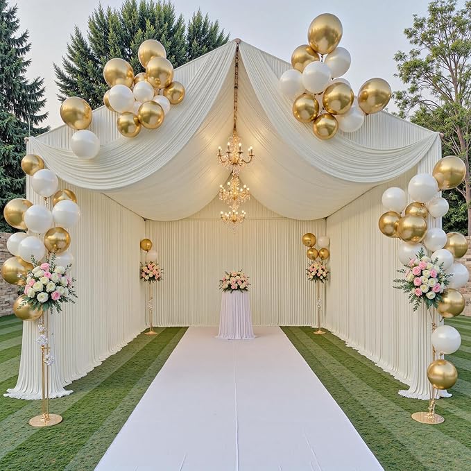 PartyVillage 50ft×15ft Ivory Backdrop Curtain for Wedding Parties, 10 Panels Wrinkle Free 15 FT Long Polyester Photo Backdrop Drapes Back Drop Cloth for Birthday Photography Background