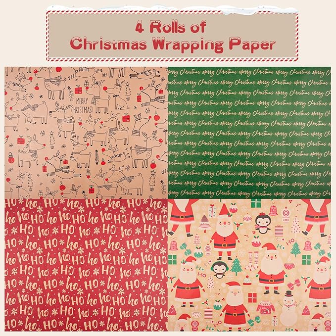 Happypapa Christmas Wrapping Paper, Kraft Xmas Wrapping Paper Rolls - Santa Claus, Gift, Reindeer and Merry Christmas Pattern - 4 Rolls - 17 Inch × 120 Inch Per Roll