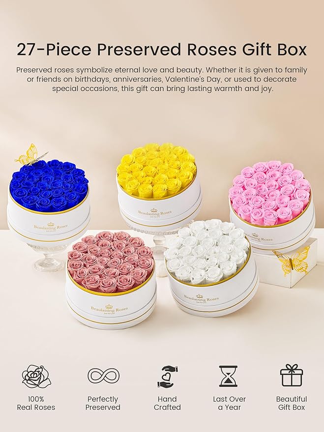 Preserved Roses Forever Flowers Real Roses in a Box Mother's Day Birthday Flowers for Her Mom Women Wife Valentine's Day, 27 Royal Blue Roses