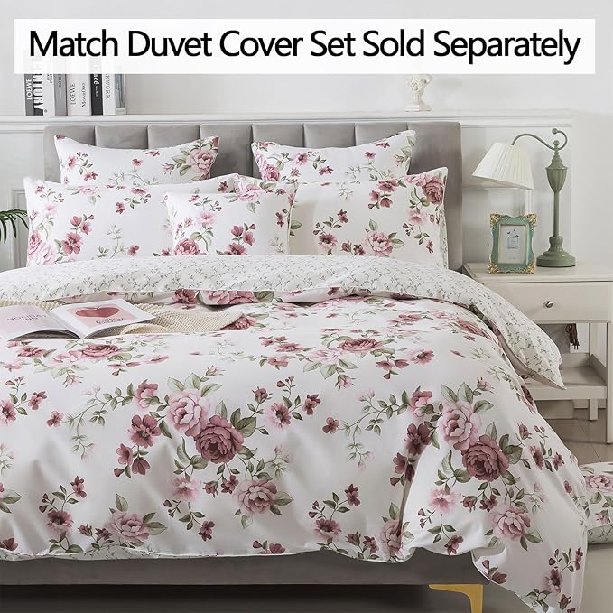 FADFAY Beige Vintage Floral Cal King Size Sheets Set Premium 100% Cotton Shabby Brick Red Rose Pattern Bedding Set Deep Pocket Sheets with 2 Pillowcases Luxury Breathable Soft 4Pcs, Cal King Size