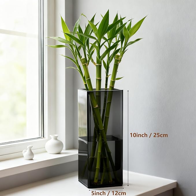 Acrylic Square Flower Vase, Non-breakable Vase, 5" x 5" x 10" Tall Grey Vases for Flower, Large Cube Floral Plant Container, Planter Terrarium for Wedding Party Event, Home Office Decor