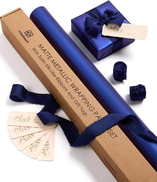 Vitalizart Blue Matte Metallic Wrapping Paper Set 30" With Silk Satin Ribbon & Gift Tags Christmas Gift Wrapping Birthday Baby Shower Wedding Bouquets Handmade Crafts 197"(16.4 Ft) Blue Ribbon