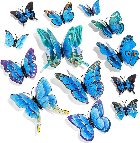 SAOROPEB 3D Butterfly Wall Decor, 24 Pcs Double Layer Butterfly Decorations for Party Decorations Locker Decor Refrigerator Decal, Reusable (Blue)