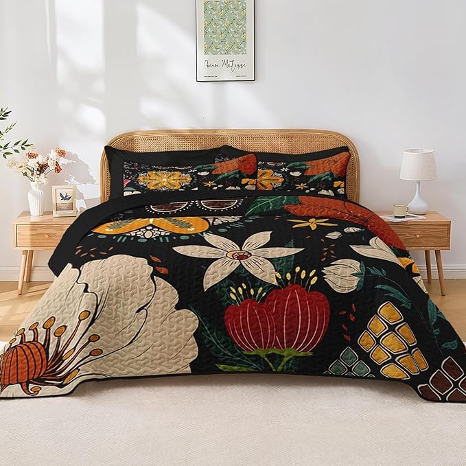 Quilt Set King Size, Black Tropical Floral 3 Pcs Soft Bed Cover Bedding Set, Farmhouse Botanical Lightweight Bedspread Coverlet with 2 Pillow Sham for All Season