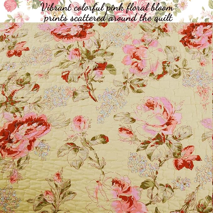 Cozy Line Home Fashions Lelia Pink Rose Blooming Floral Vintage Yellow 100% Cotton Reversible Quilt Bedding Set, Coverlet Bedspread (Rose Vivid, Queen - 3 Piece)