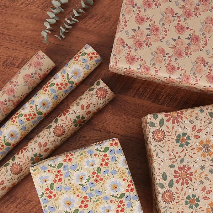 Aimyoo Kraft Floral Wrapping Paper Roll - Mini Roll - 17 Inch x 32.8 Feet - All Occasion Vintage Flower Gift Wrap Paper for Mother's Day Wedding Birthday Bridal Shower