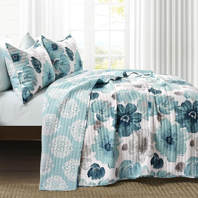 Lush Decor Leah Reversible Floral Quilt Set, 3 Piece Set, Full/ Queen, Blue - Watercolor Botanical - Cottage Core - French Country Decor- Bedding Queen Size
