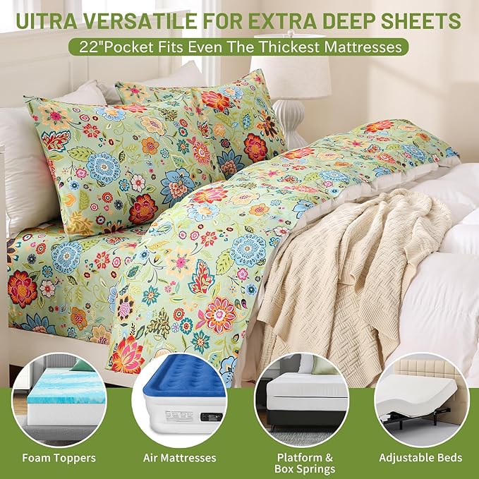 Bedlifes King Size Extra Deep Pocket Sheet Sets - Fits Mattresses Up to 18-24" Thick, 4-Piece Microfiber Set with 1800 Thread Count, Soft, Smooth, Breathable, Featuring Floral Sage Green