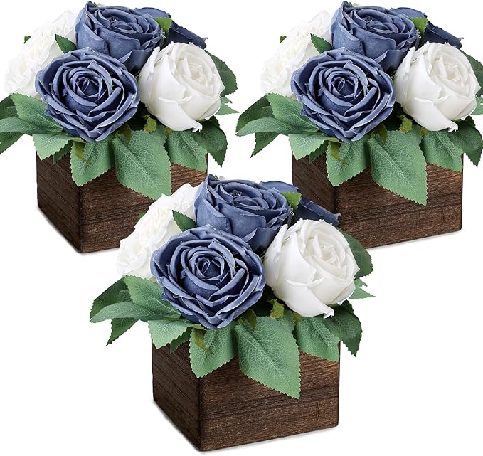 Dining Table Centerpiece Set of 3 - Pre-Made Aritifial Rose with Wooden Vase Fake Floral Arrangment Faux Flower for Wedding Bridal Tea Party Event Decorations - Navy Blue & White
