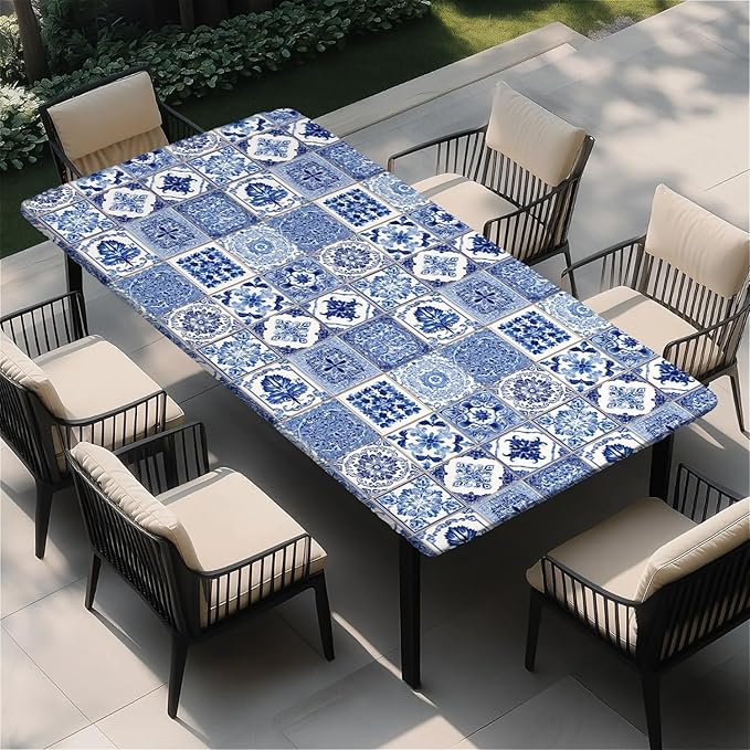 Rectangle Table Cloth Cover Waterproof Elastic Fitted Polyester Fitted Tablecloths for 6 Foot Tables for Indoor,Picnic, Camping, Outdoor （72" x 30"，Bohemia）