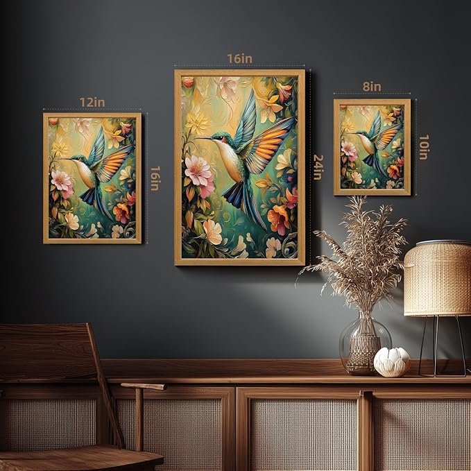 LLEEMPI William Morris Wall Art, Vintage Bird Floral Wall Decor, Hummingbird Flower Canvas Painting, Colorful Nature Botanical Aesthetic Picture for Living Room Bedroom Kid Room Wood Framed 12x16 inch