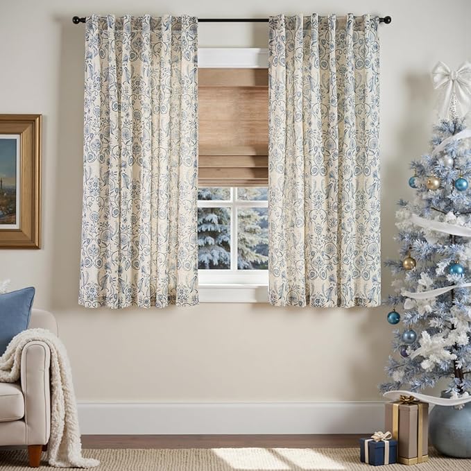 jinchan Linen Floral Curtains for Living Room with Printed Flower 63 Inches Long Light Filtering Farmhouse Window Treatment Vintage Short Drapes Back Tab Rod Pocket 2 Panels Blue on Beige