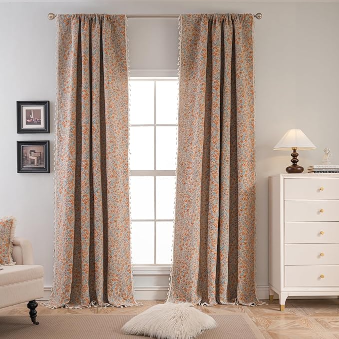 ENJOYBRIDAL Orange Floral Curtains 63 Inch Length Boho Light Filtering Drapes Short Vintage Jacquard Rod Pocket Window Curtains Semi Sheer Bedroom Living Room Tassel 2 Panels Set Window Treatments