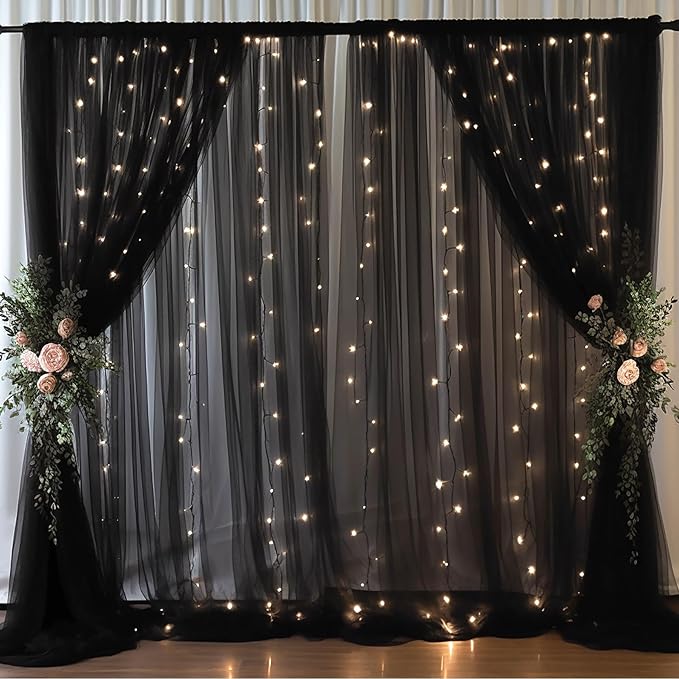 20x8ft Black Tulle Backdrop Curtain with Lights String for Parites, Sheer Backdrop Curtains for Wedding Baby Shower Birthday Party Photo Shoot Decorations