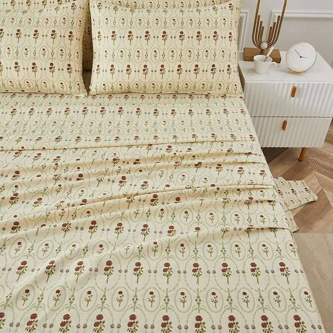 FADFAY Cal King Size 100% Cotton Beige Bed Sheets Set Elegant Red Rose Floral Pattern, Soft and Luxurious Shabby Vintage French Country Bedding, 4 Pieces Deep Pocket Fitted Sheet