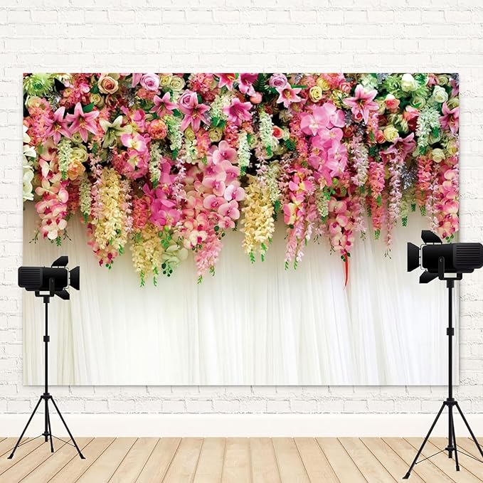 5x3ft Pink Floral Backdrop White Curtain Wedding Reception Photography Background Colorful Flowers Anniversary Bridal Shower Decorations Birthday Party Baby Shower Portrait Photo Booth Prop