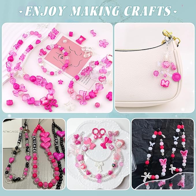 Assorted 200-260PCS Rose Pink Acrylic Beads for Bracelet Making, Flower Bow GummyBear Bracelet Charms,Cute Beads for Jewelry Making DIY Necklace Keychain Phone Charm Christmas Gift