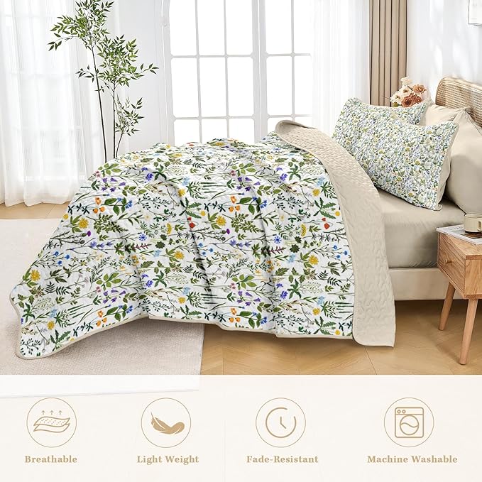 Quilt Set Full/Queen Size, Garden Floral 3 Pcs Soft Bed Cover Bedding Set, Country Rustic Farmhouse Lightweight Bedspread Coverlet with 2 Pillow Sham for All Season