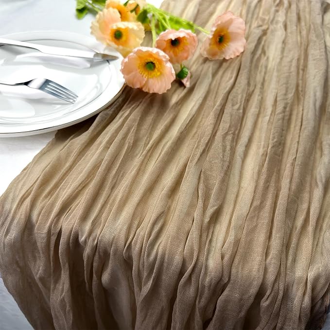 Booque Valley Nude Cheesecloth Table Runner 120 Inch 10ft Super Soft Boho Wrinkled Gauze Sheer Cloth for Baby Shower Birthday Bridal Shower Wedding Centerpiece Table Decoration, 6 Pack , Tan